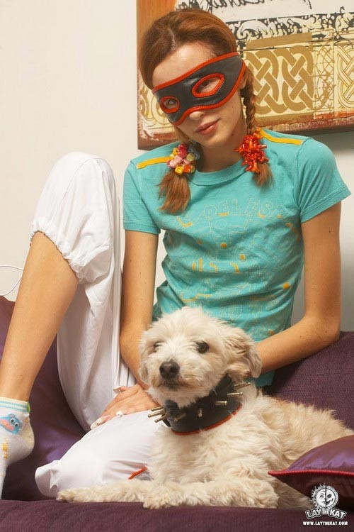 Young pigtailed redhead lady in a mask teasing herself ardently #72860407