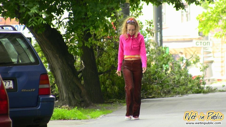 Public peeing in the crimson pants and flashing the orange panties #73243778