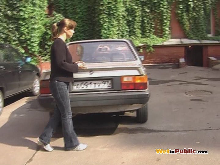 Ablush chick in pee-soppy pants compelled to pull them down in public #73255082