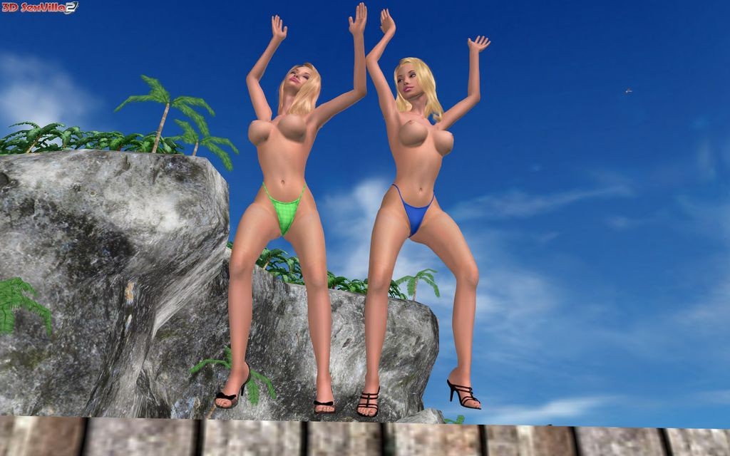 Two 3d animated twins getting naked at a beach #69474906