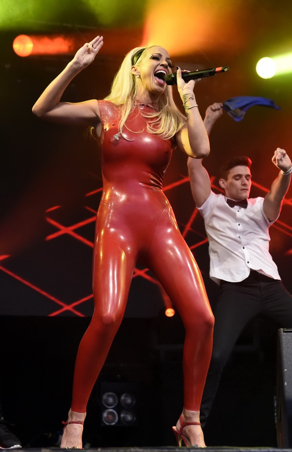 Sarah Harding in red latex catsuit performing at PRIDE #75153424