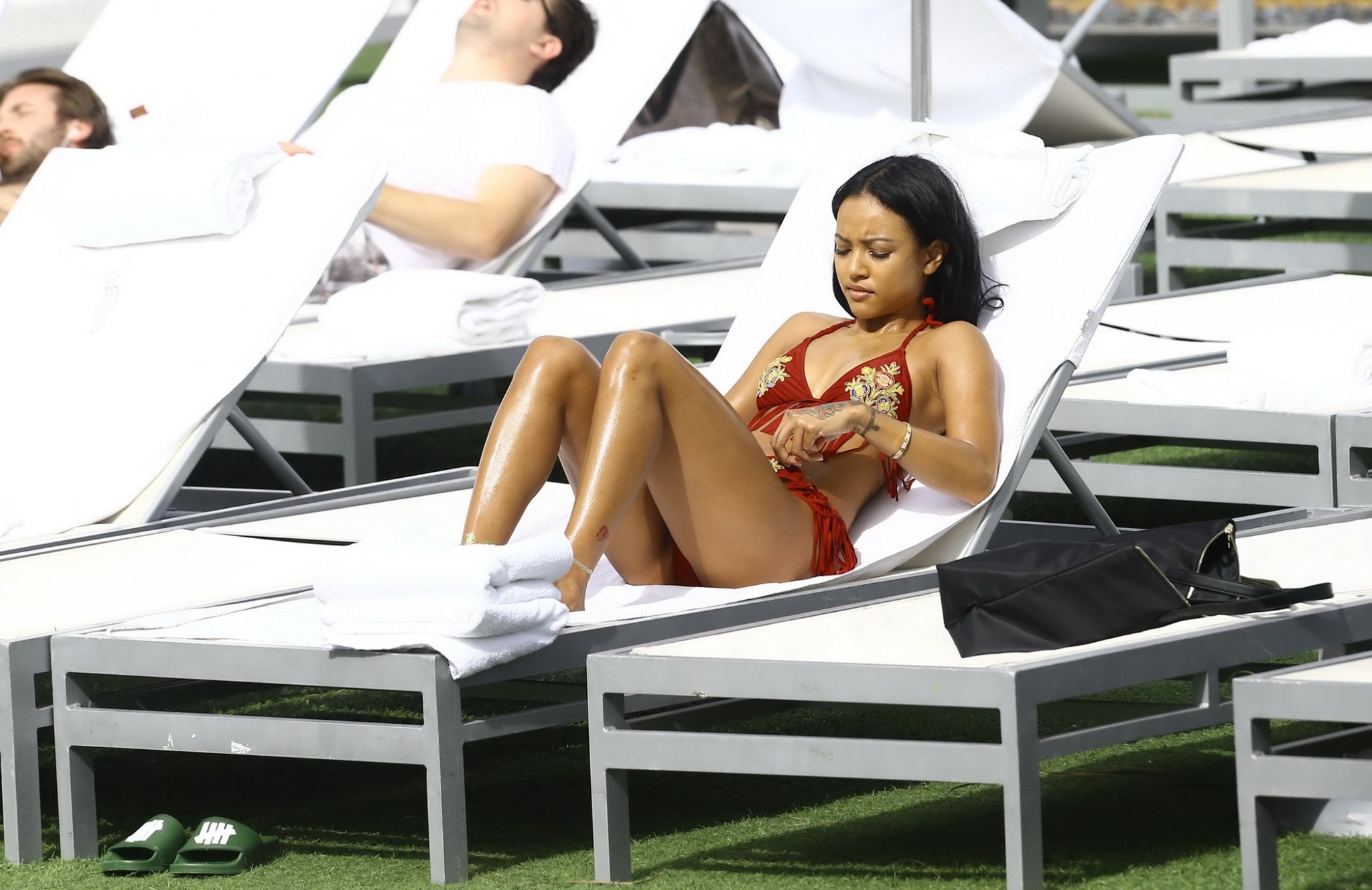 Karrueche Tran busty and booty in tiny red bikini poolside #75148478