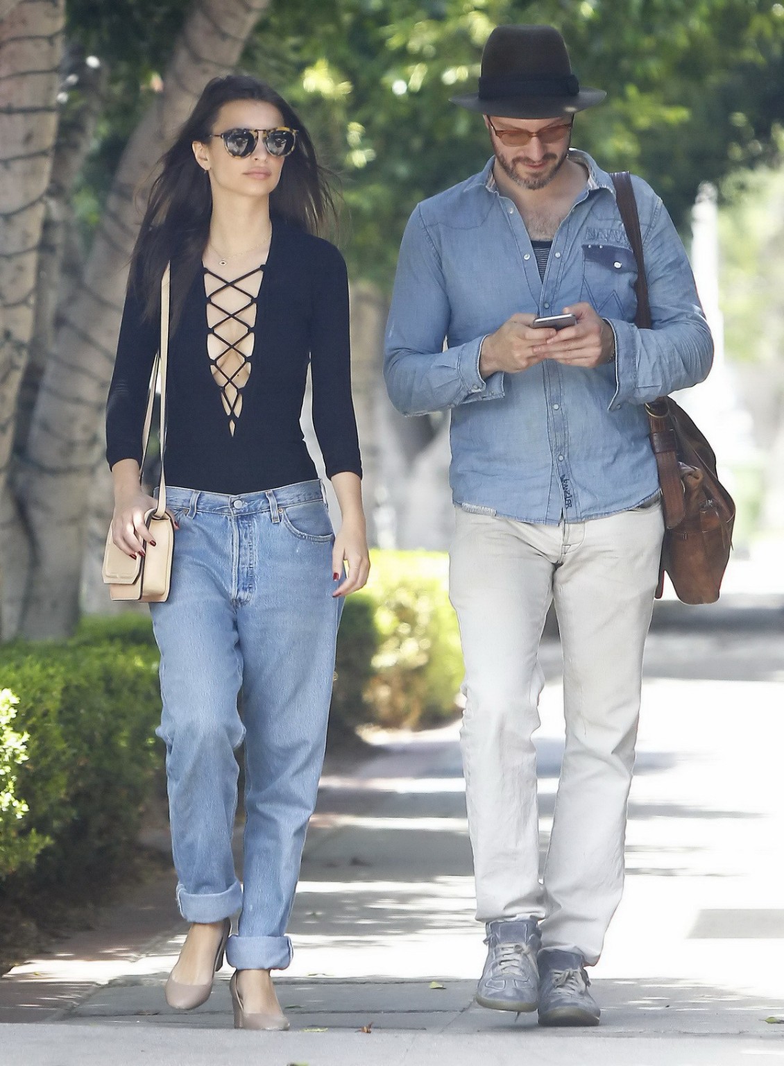 Emily Ratajkowski braless showing huge cleavage in black top and jeans out in LA #75165550