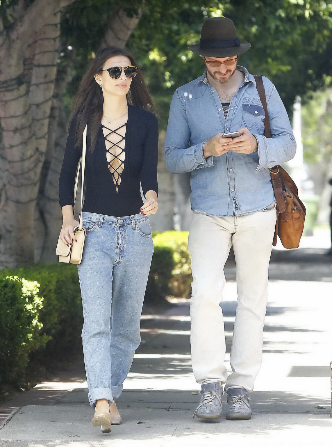 Emily Ratajkowski braless showing huge cleavage in black top and jeans out in LA #75165593