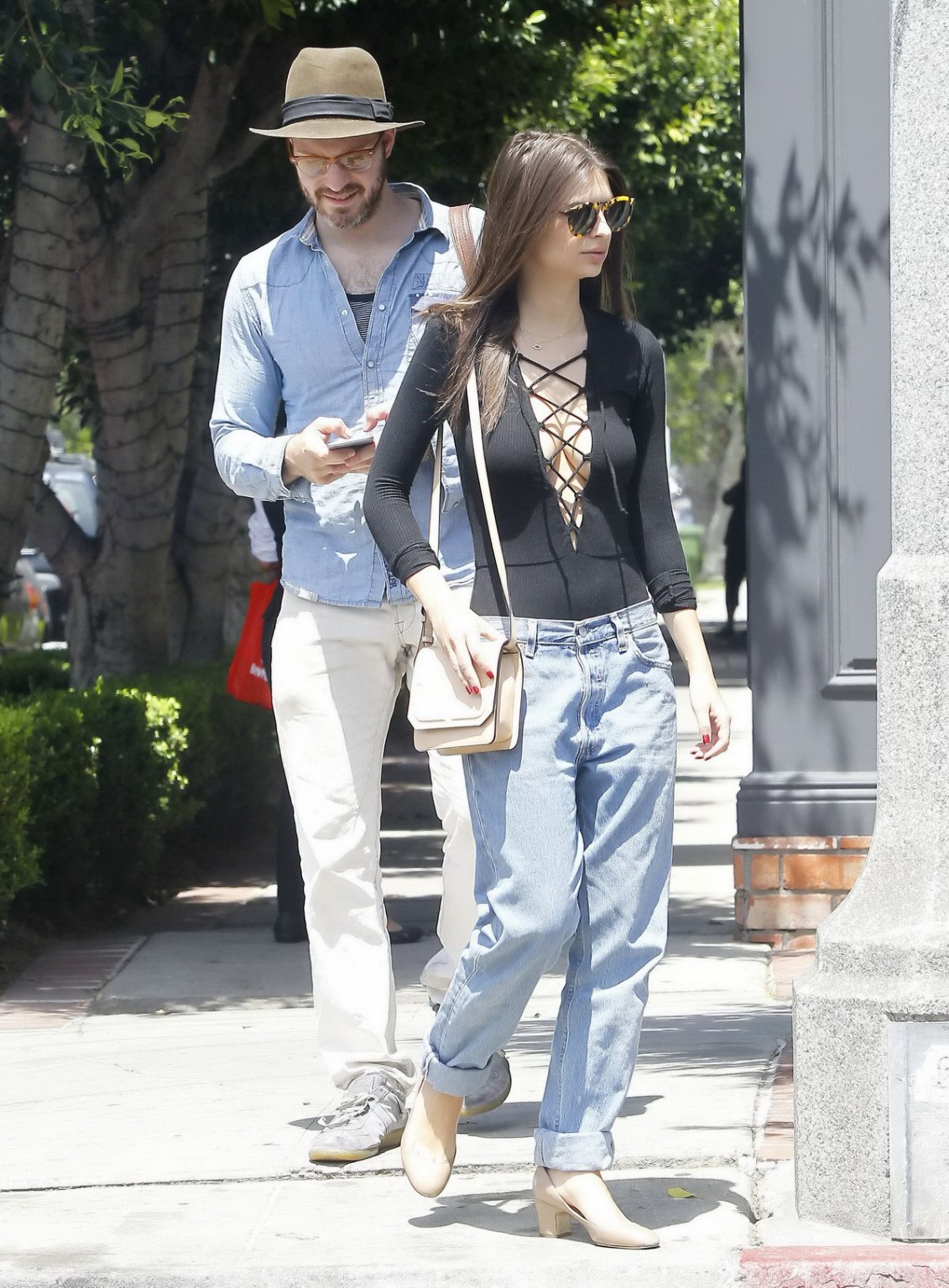 Emily Ratajkowski braless showing huge cleavage in black top and jeans out in LA #75165759