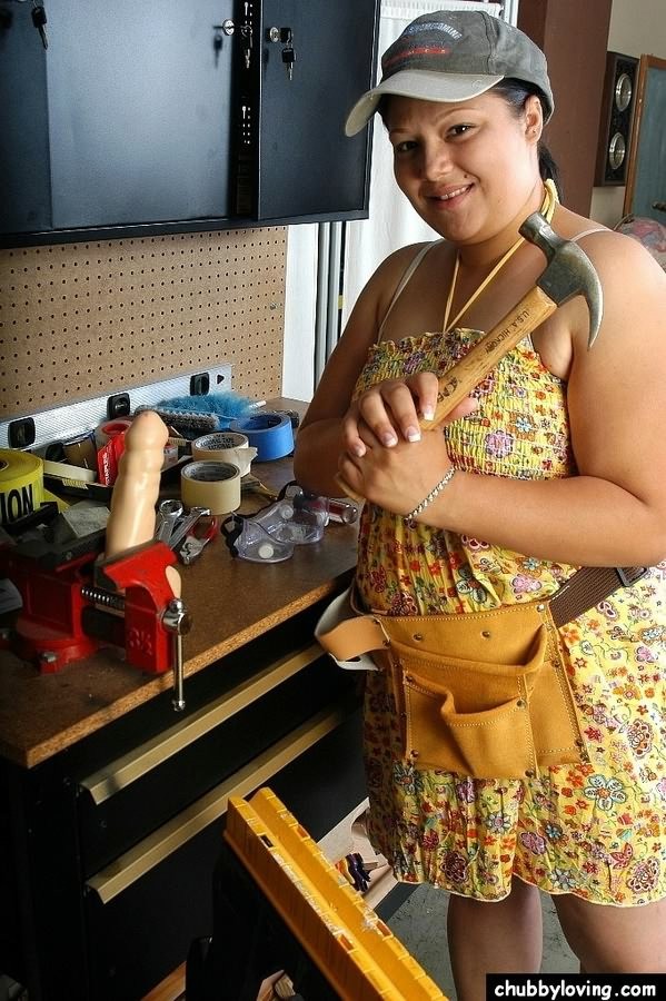 Busty BBW Nancy getting nasty in workshop and playing red dildo #71740785